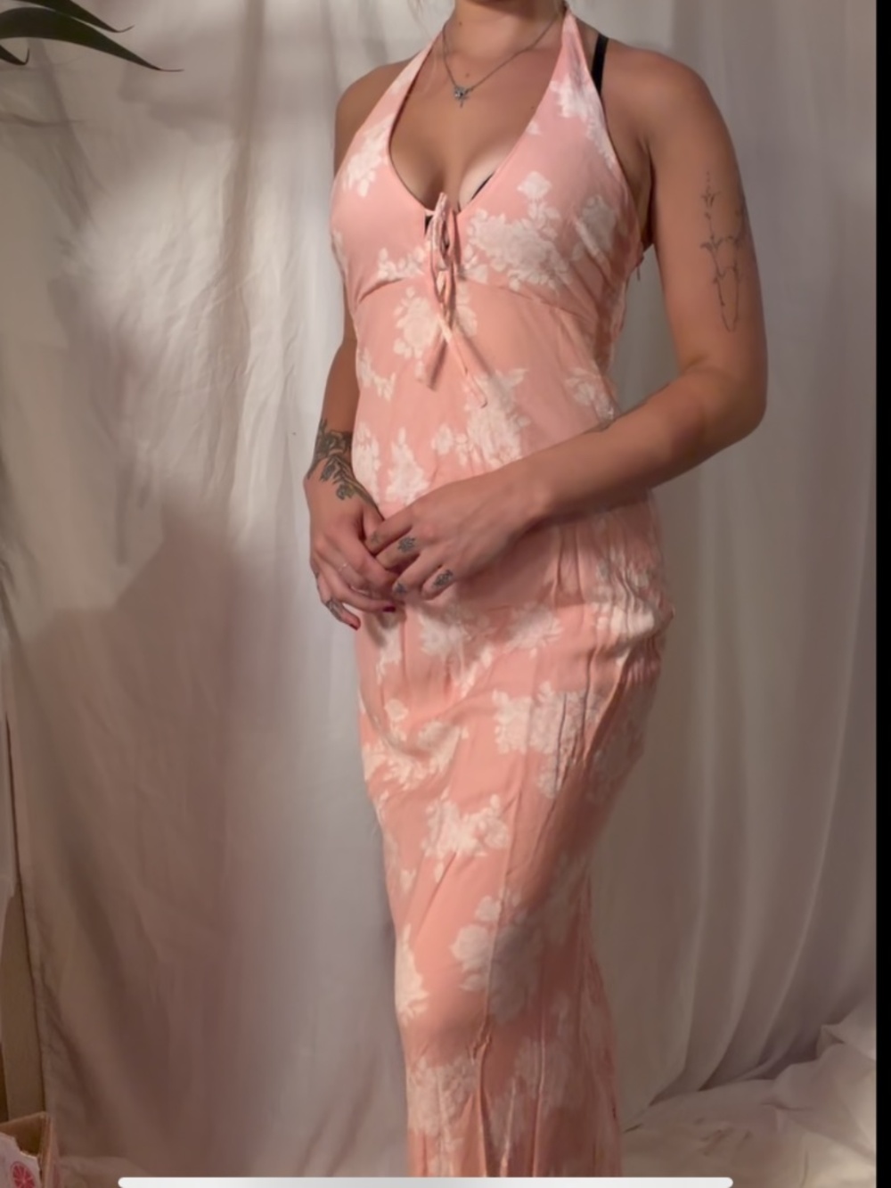 Peachy pink and white floral halter maxi dress with front tie